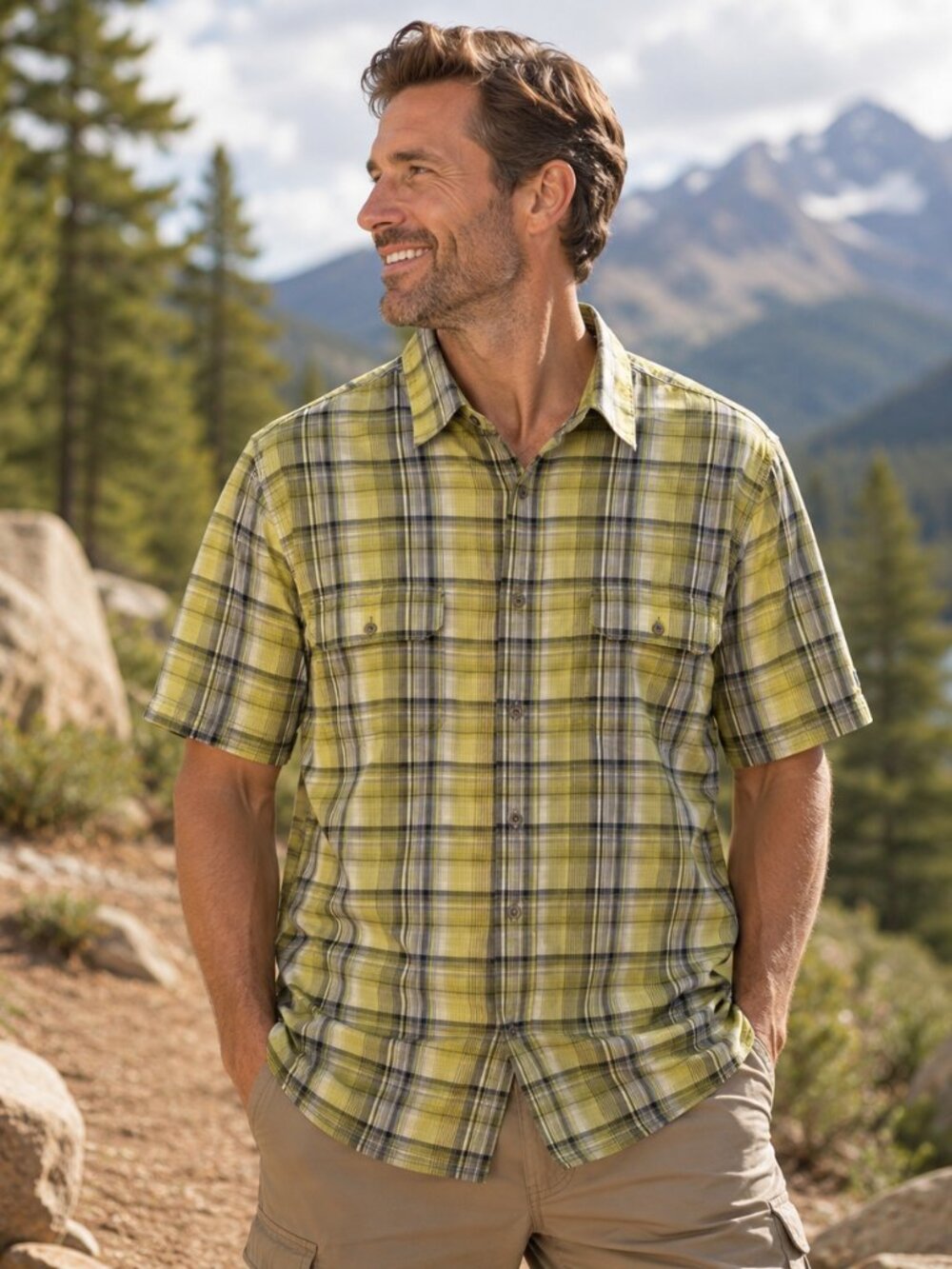 KÜHL Mountain Plaid Button Up Shirt Men's Large Green Performance Hiking Camping